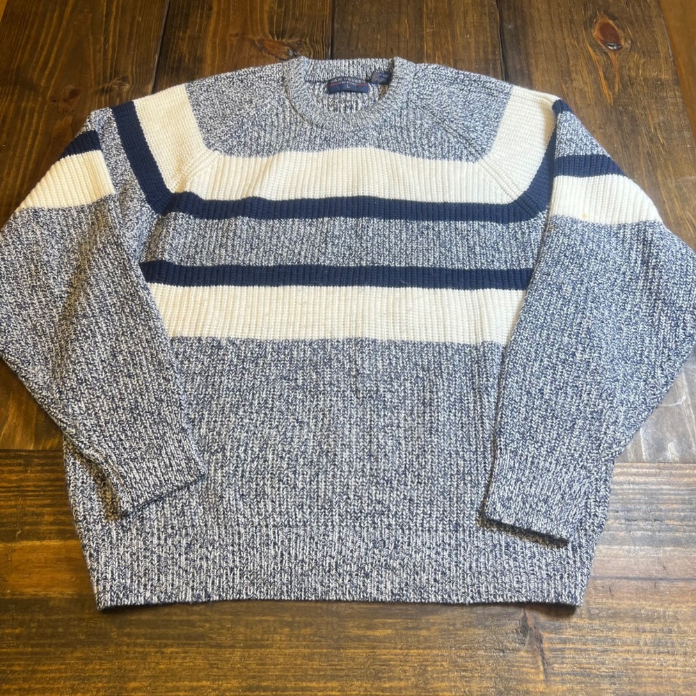 Van Heusen Vintage Mens Large Blue White Striped Marled Knit Crewneck‎ Sweater